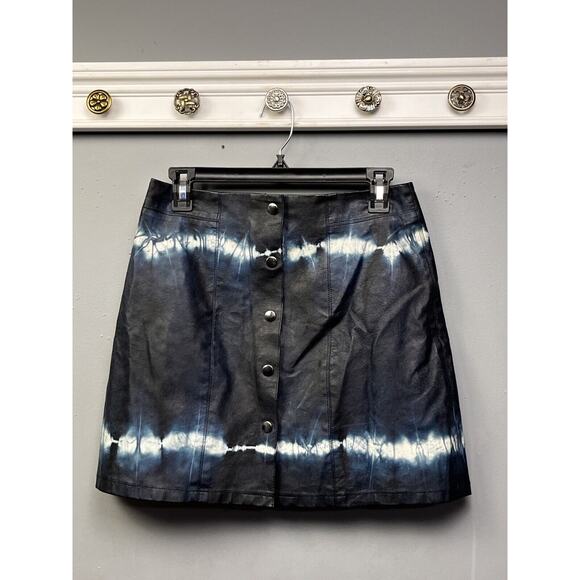Zara Faux Leather Skirt Womens Medium Tie Dye Snap Front A-Line Black Blue - Picture 1 of 6